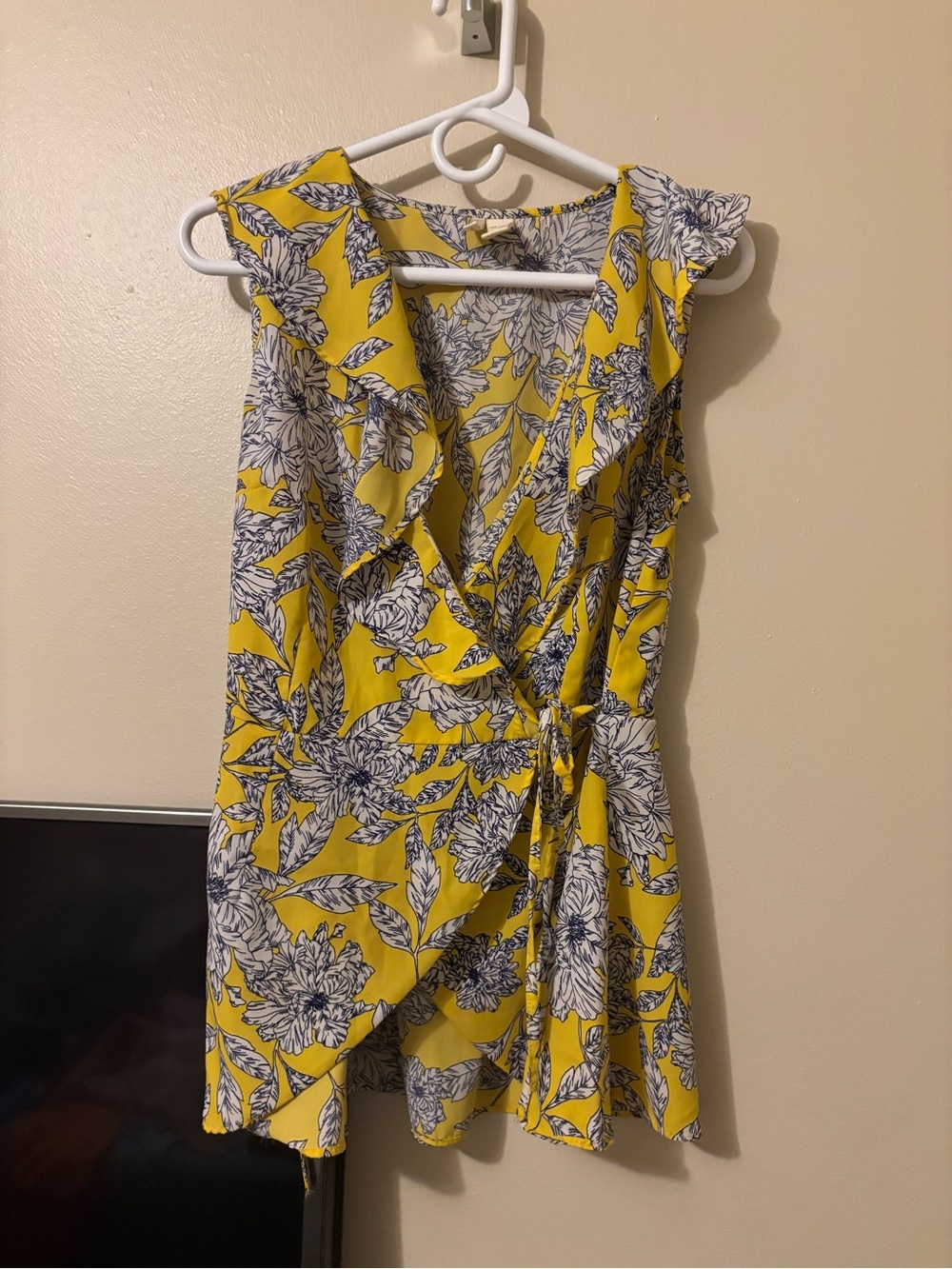 Japna Yellow and Navy Floral Ruffle Wrap Top